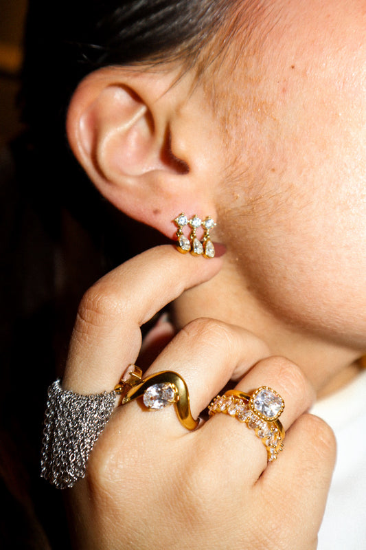 Gold Triple Teardrop Zircon Drop Earrings