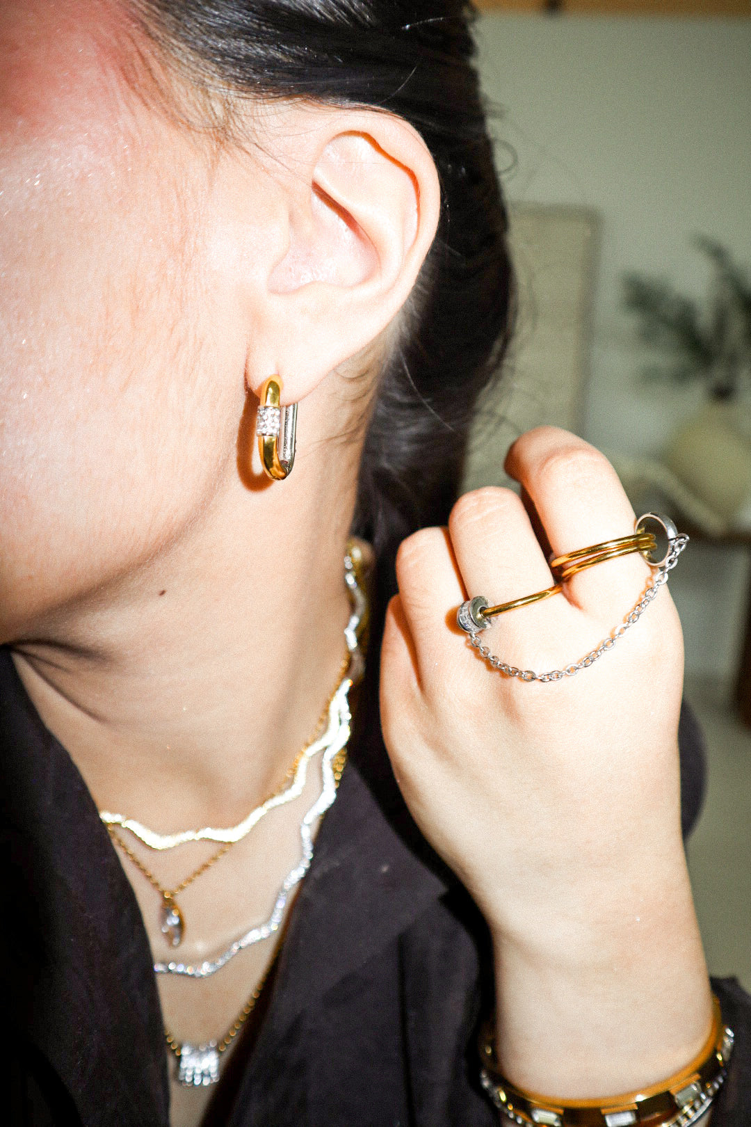 Gold and Silver Pavé Huggie Earrings