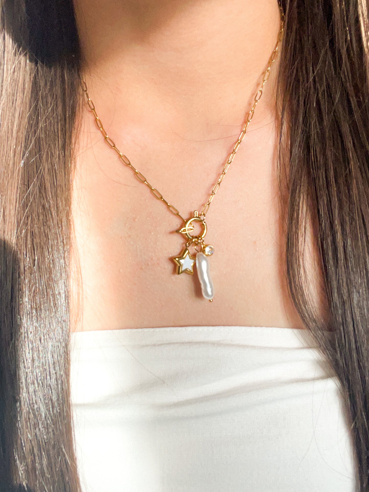 Pearl, Star, and Zircon Necklace
