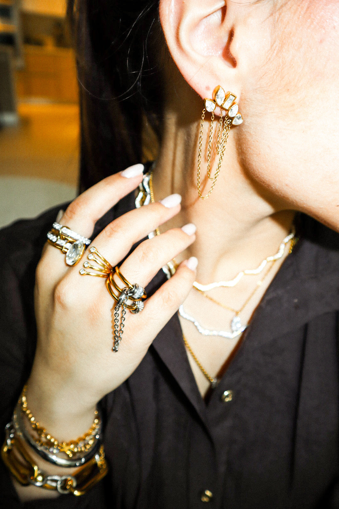 Gold and Silver Zircon Chain Ring Stack