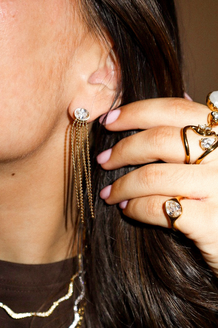 Gold Zircon Chain Tassel Earrings