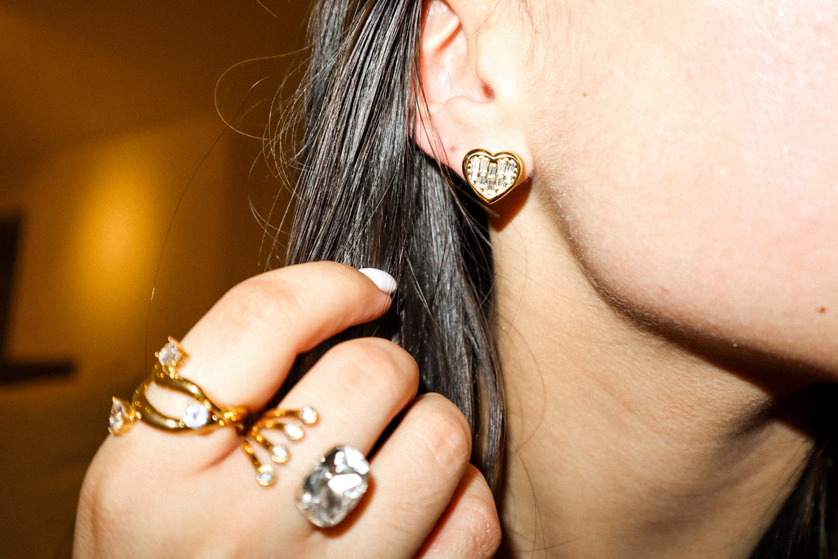 Gold Zircon Heart Stud Earrings