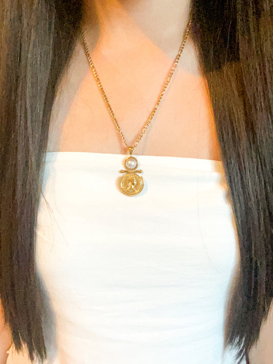 Gold Coin with Pearl Necklace