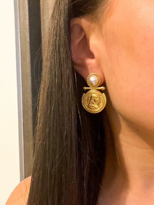 Gold Coin with Pearl Earrings