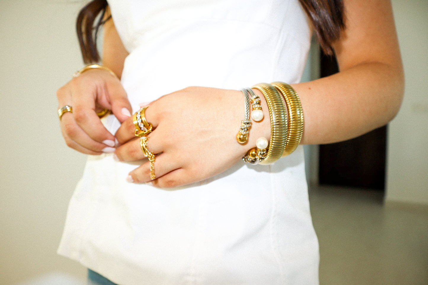 Gold and Silver Pearl Zircon Cuff Bracelet