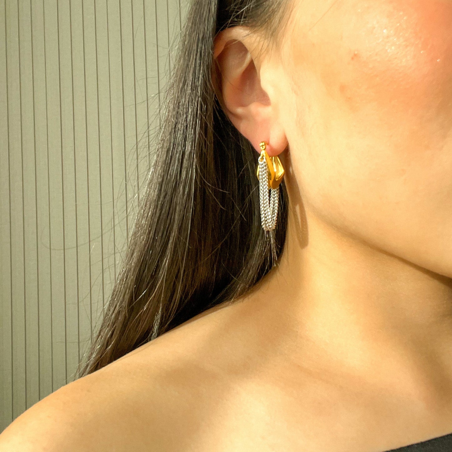 Gold U Shape Hoop with Silver Chain Earrings