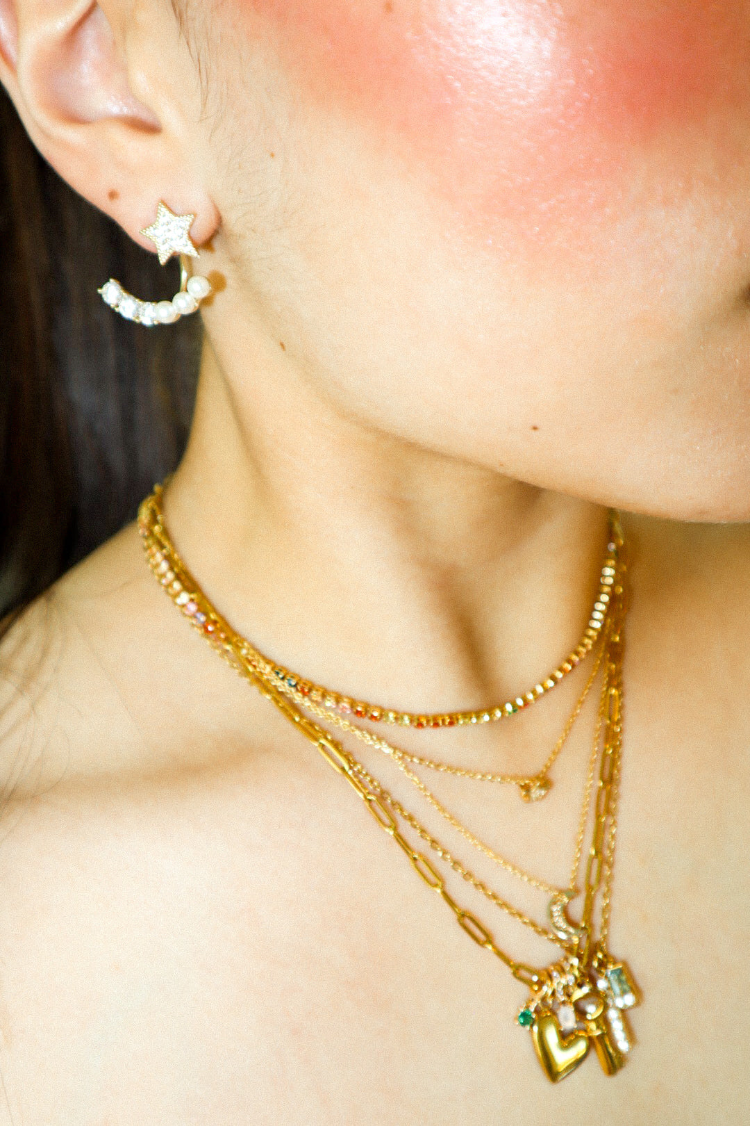 Gold Zircon and Pearl Star Front-Back Earrings