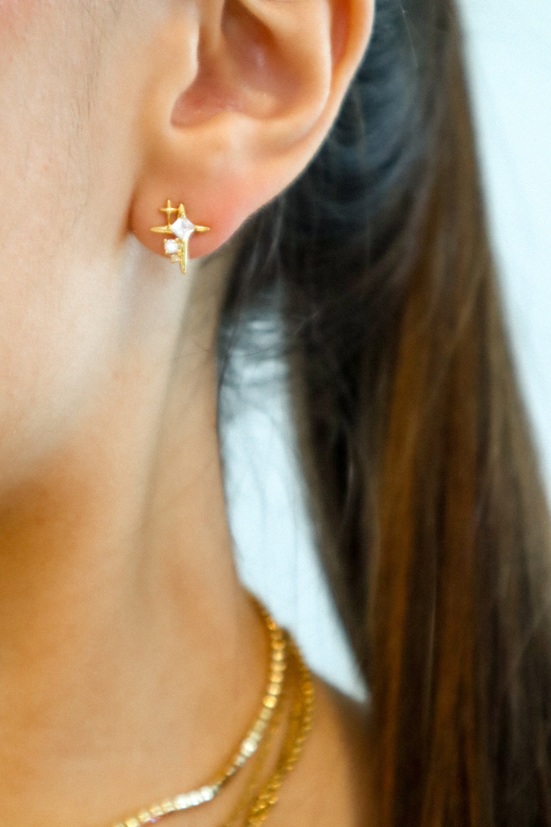Gold Three Star Zircon Stud Earrings