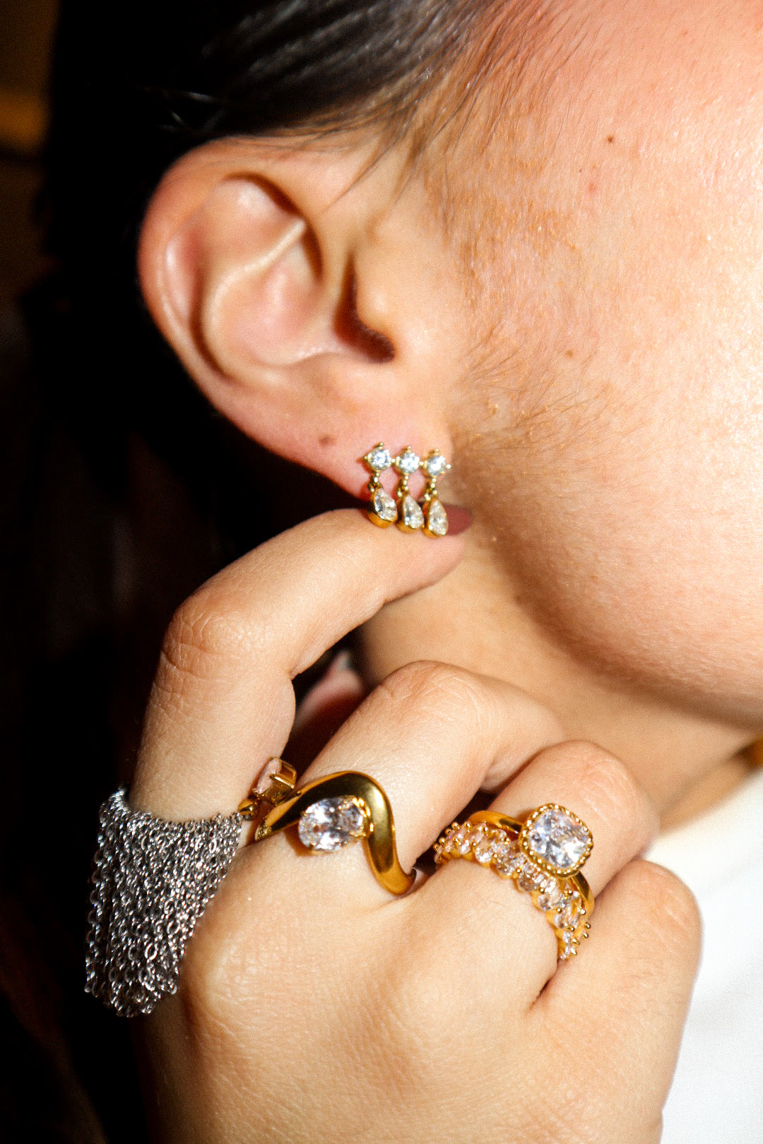 Gold Triple Teardrop Zircon Drop Earrings