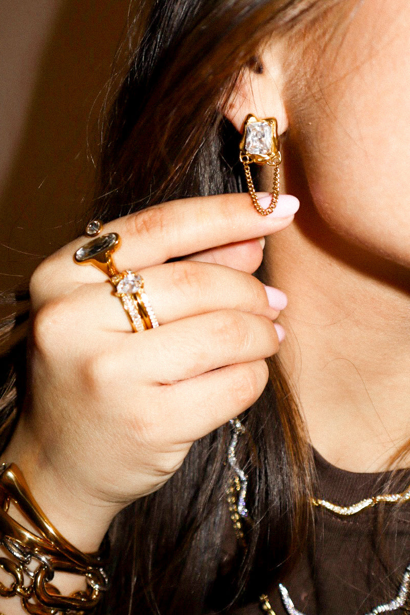 Gold Emerald-Cut Zircon Chain Earrings