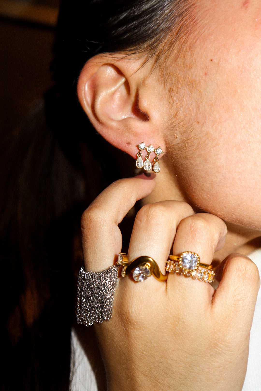 Gold Triple Teardrop Zircon Drop Earrings