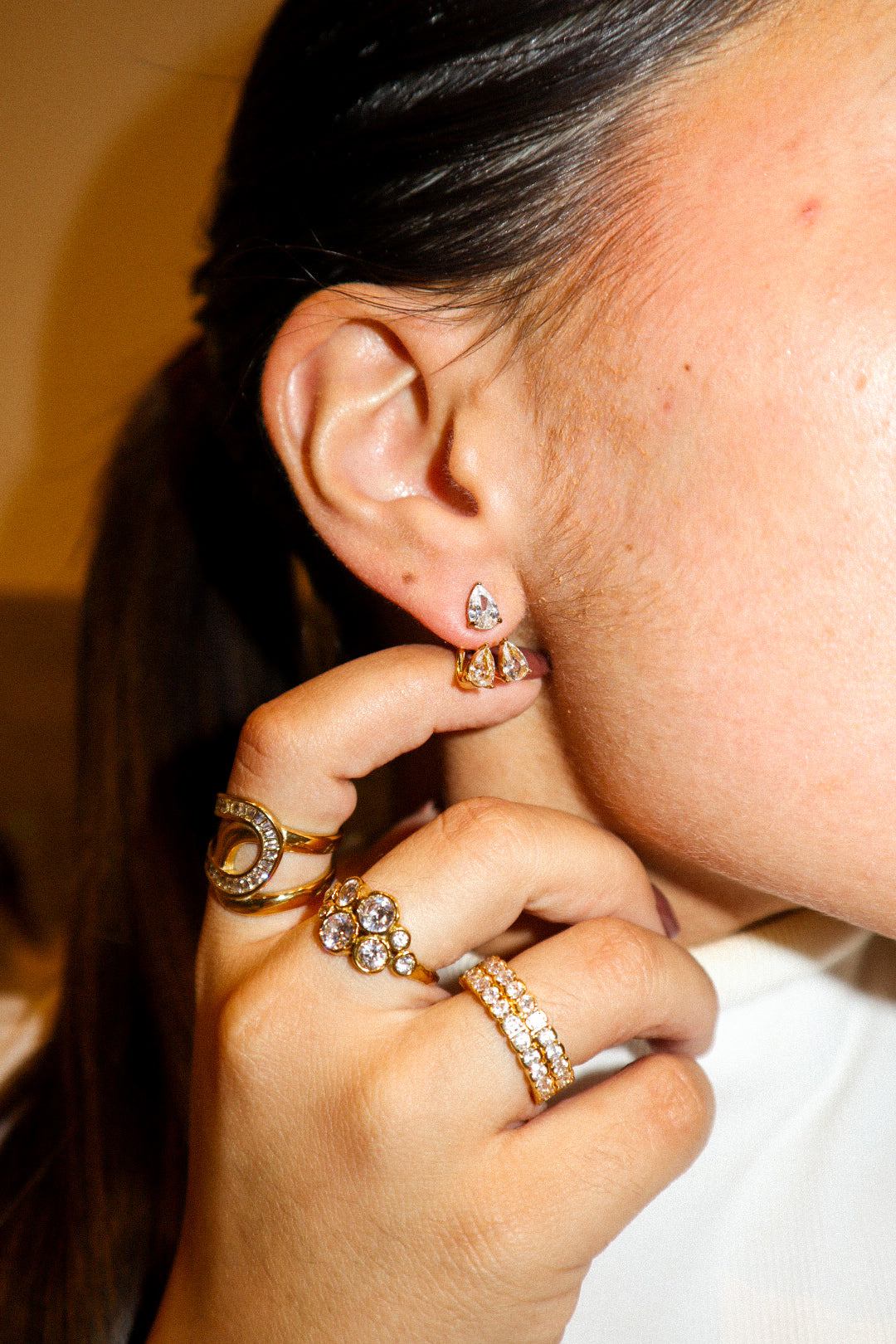 Gold Triple Pear Zircon Front-Back Earrings