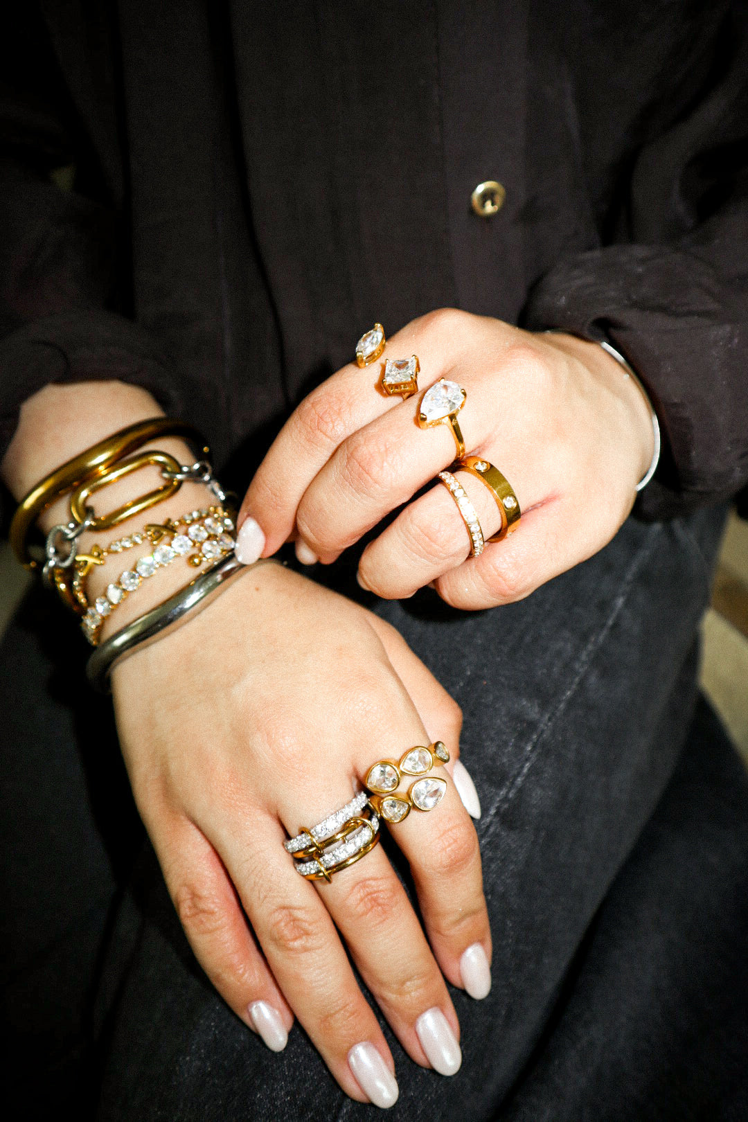 Gold Zircon Chain Ring Stack