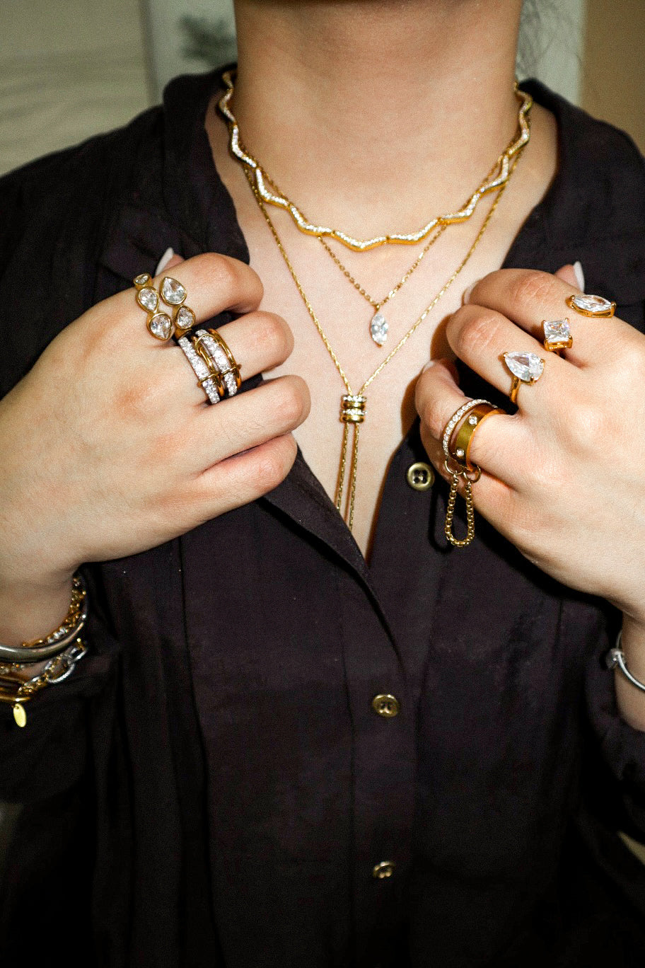 Gold and Silver Zircon Ring Stack