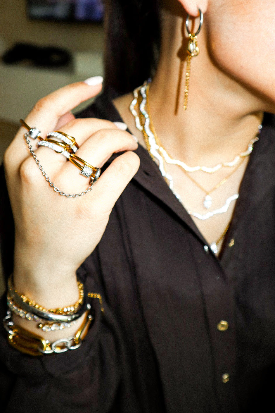 Gold and Silver Zircon Chain Ring Stack