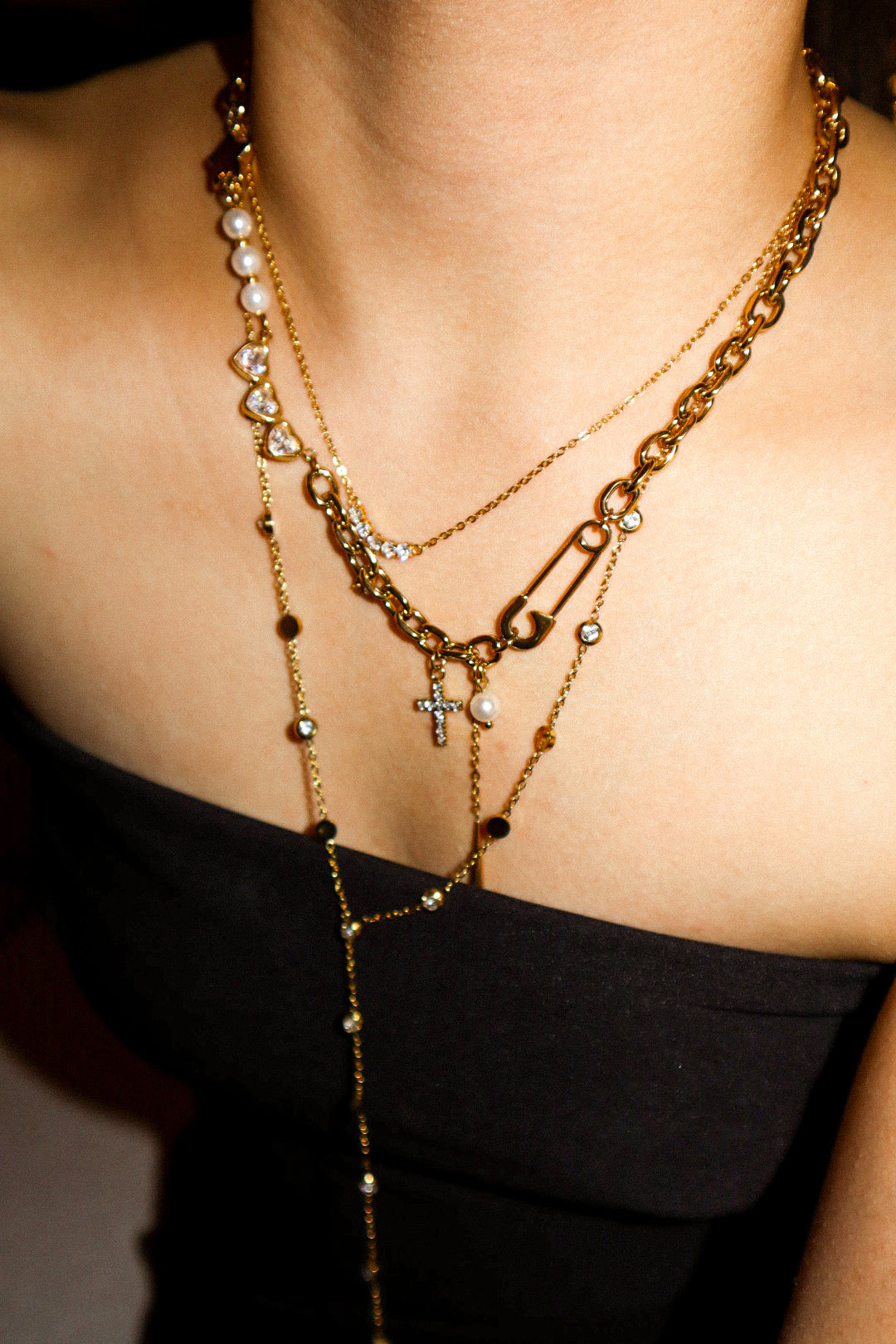 Pearl, Zircon, and Charm Gold Necklace