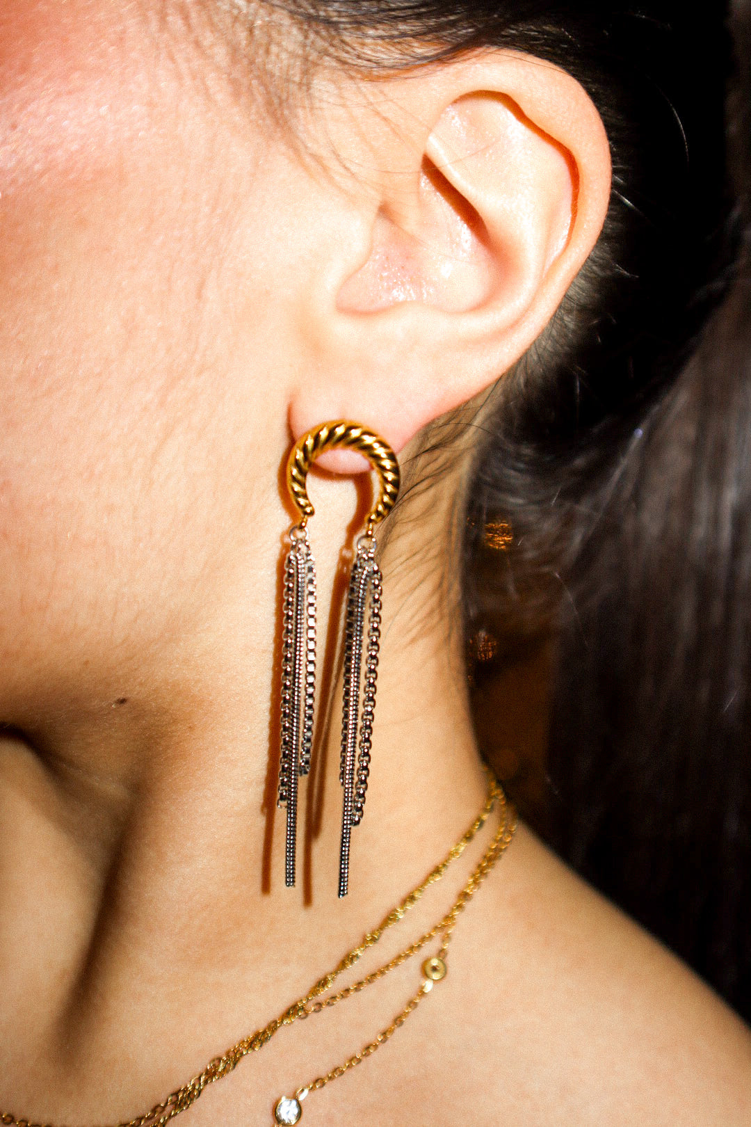 Gold and Silver Moon Chain Earrings