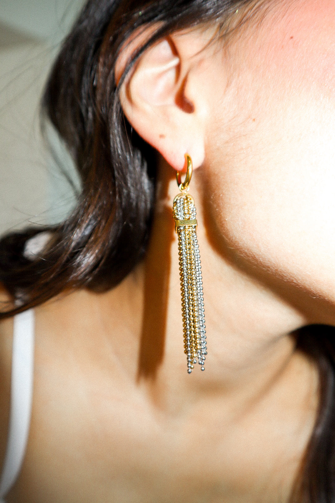 Gold and Silver Beaded Tassel Hoop Earrings
