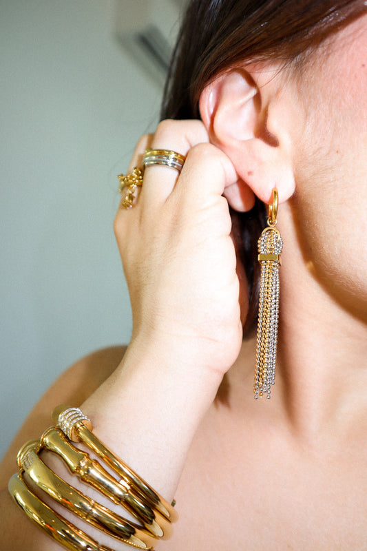 Gold and Silver Beaded Tassel Hoop Earrings