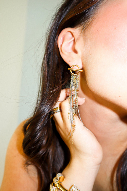 Gold and Silver Beaded Tassel Link Earrings