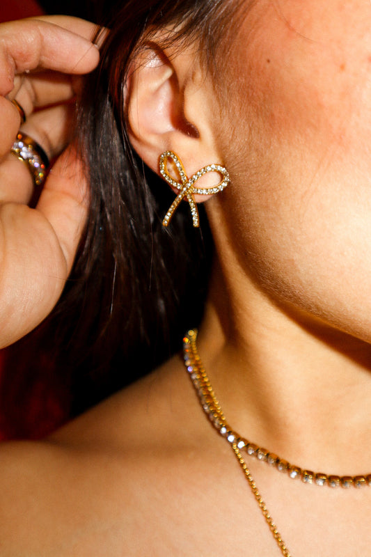 Gold Bow Zircon Stud Earrings