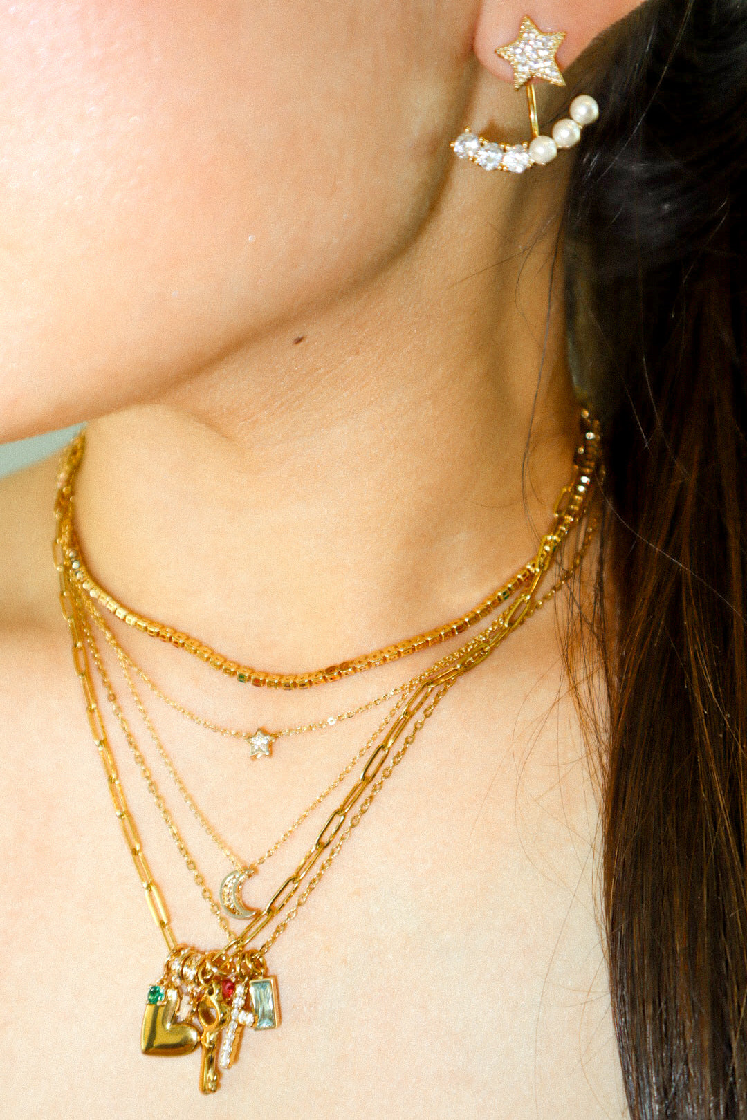 Gold Zircon Star and Moon Layered Necklace