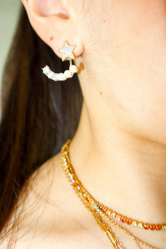 Gold Zircon and Pearl Star Front-Back Earrings