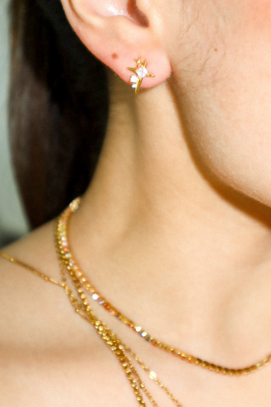 Gold Three Star Zircon Stud Earrings