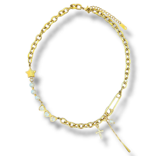 Pearl, Zircon, and Charm Gold Necklace