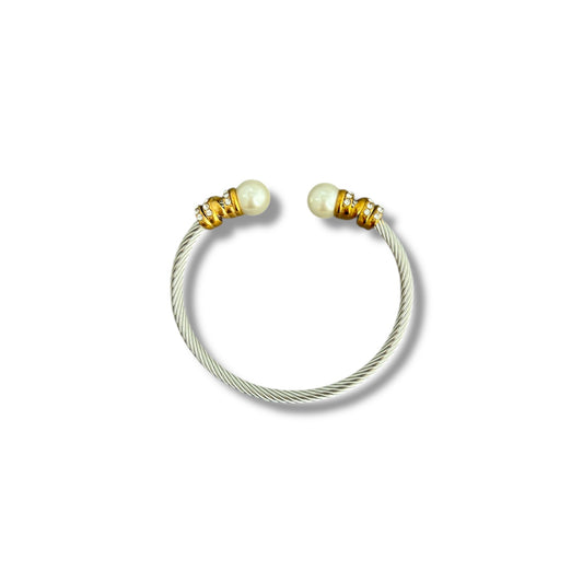 Gold and Silver Pearl Zircon Cuff Bracelet
