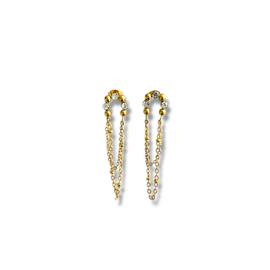 Gold Beaded and Chain Zircon Earrings