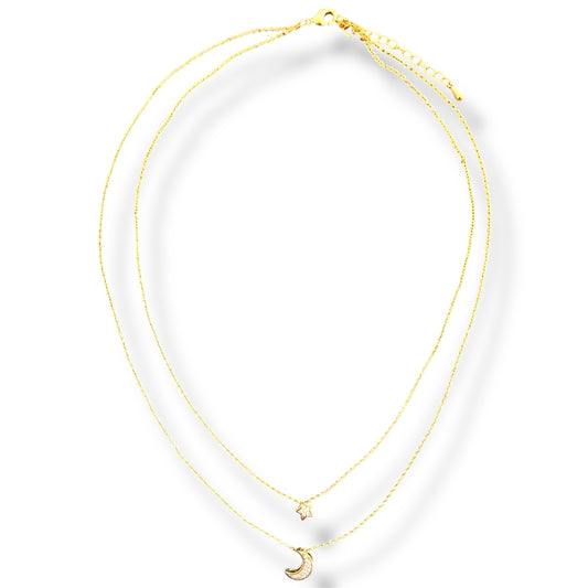 Gold Zircon Star and Moon Layered Necklace