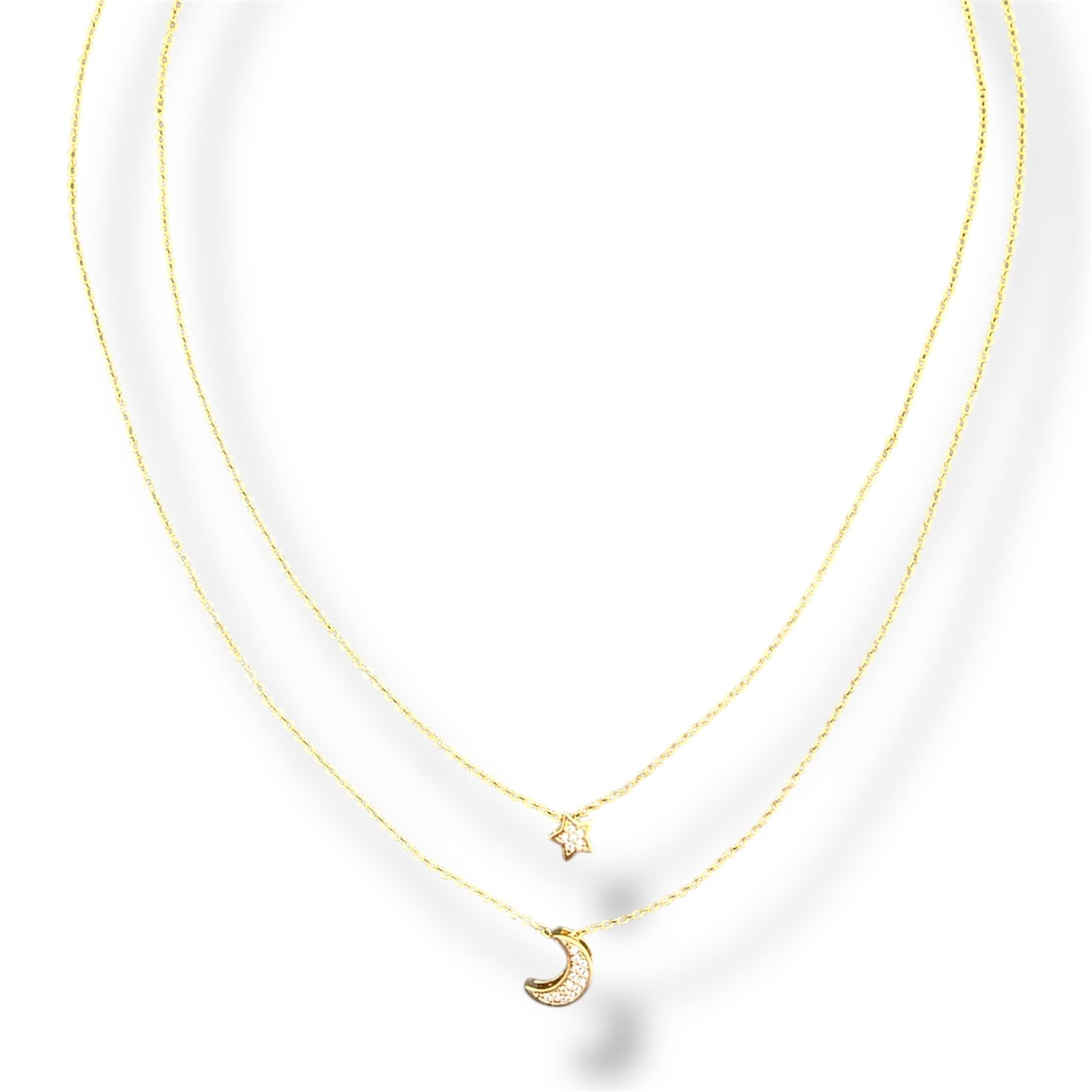 Gold Zircon Star and Moon Layered Necklace