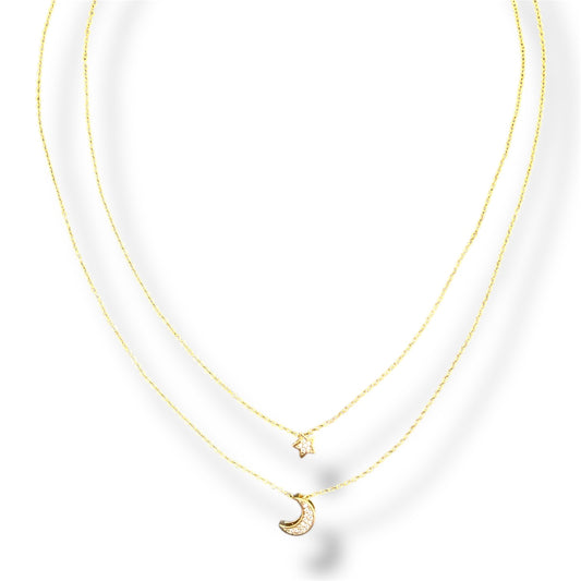Gold Zircon Star and Moon Layered Necklace