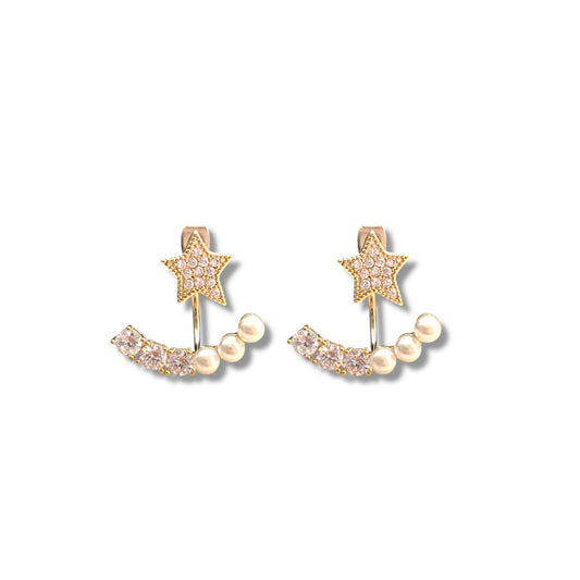 Gold Zircon and Pearl Star Front-Back Earrings