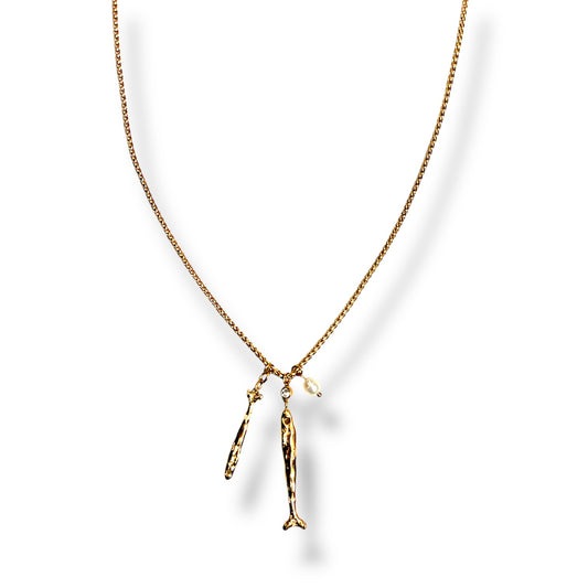 Fish, Pearl, and Zircon Necklace