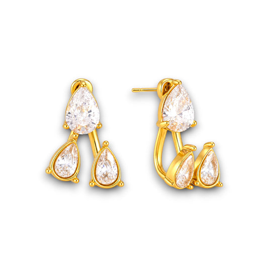 Gold Triple Pear Zircon Front-Back Earrings