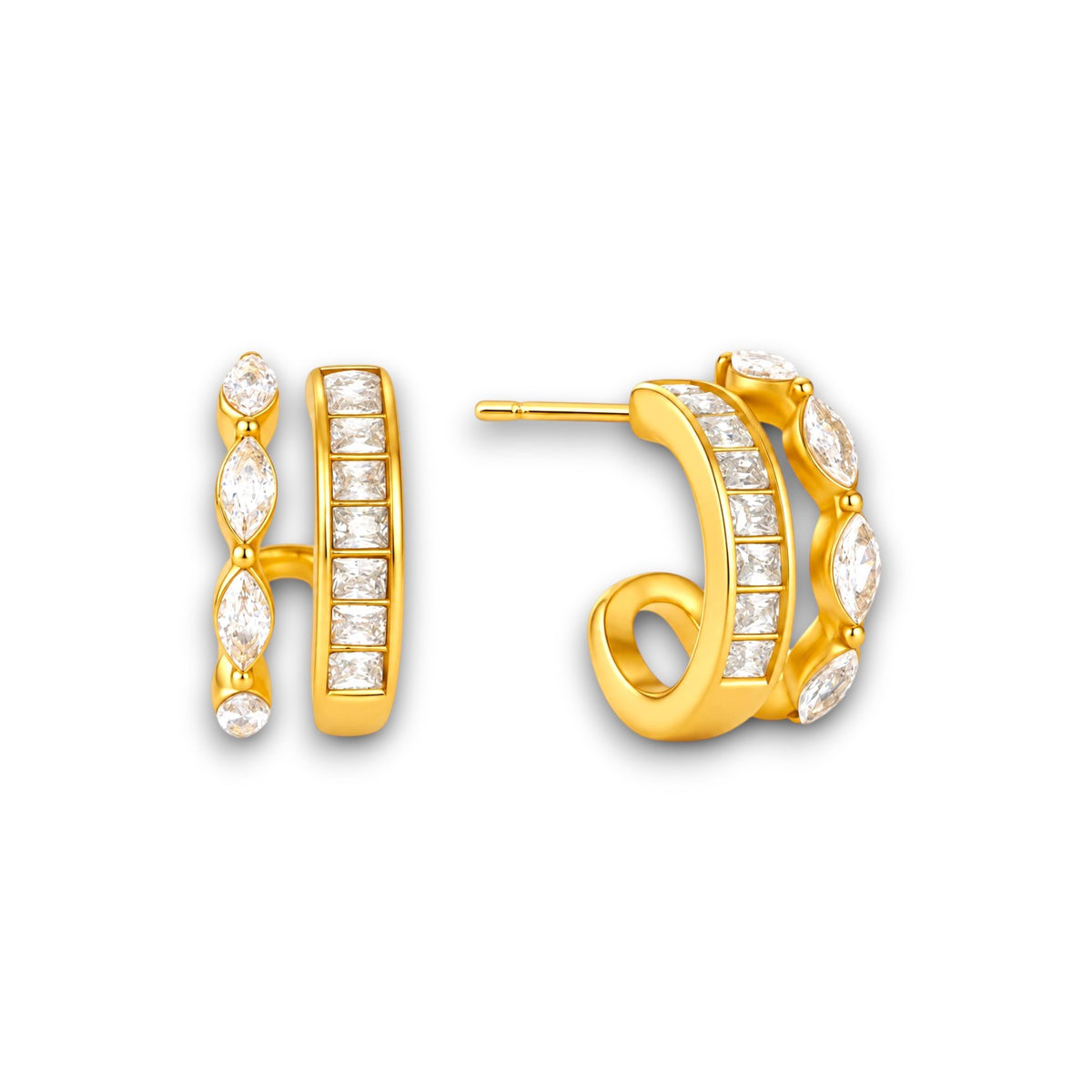 Gold Baguette & Marquise Zircon Huggie Earrings
