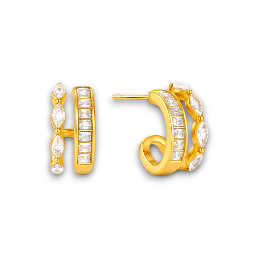 Gold Baguette & Marquise Zircon Huggie Earrings