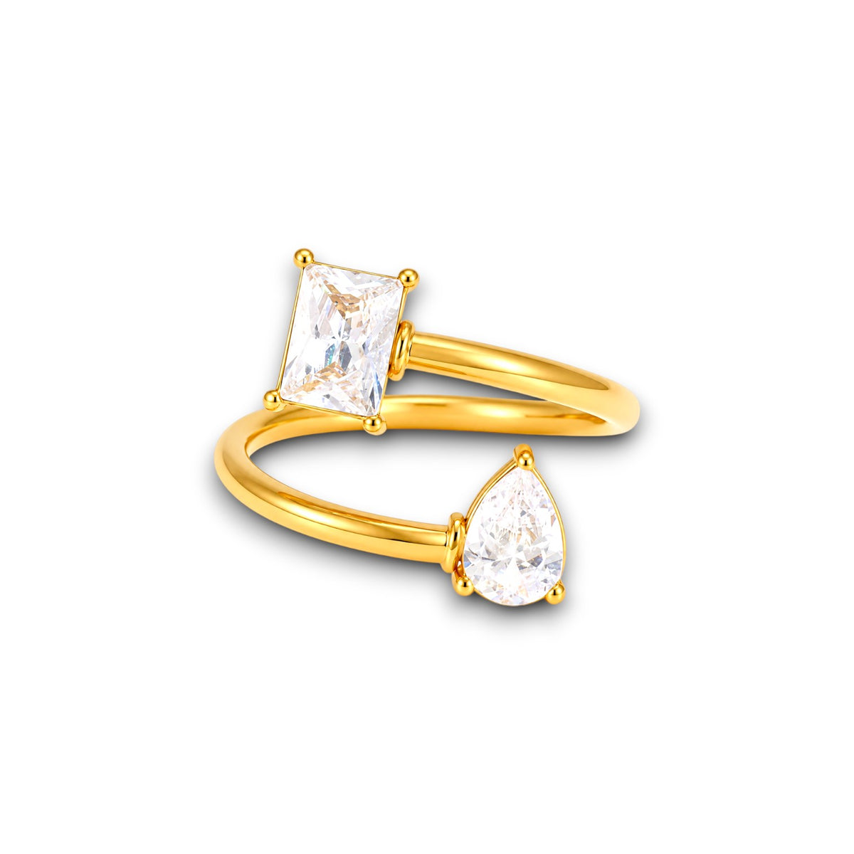 Gold Pear and Emerald-Cut Zircon Bypass Ring