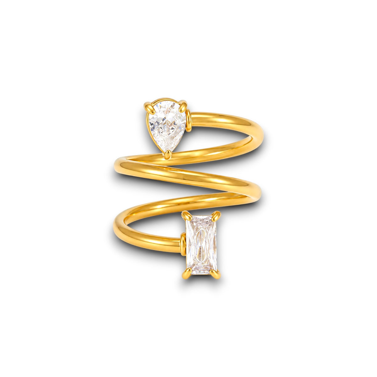 Gold Emerald and Pear-Cut Zircon Spiral Ring