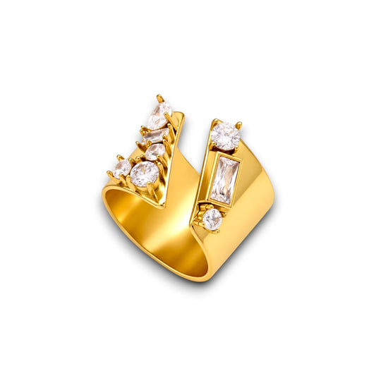 Gold Baguette & Round Zircon Statement Ring