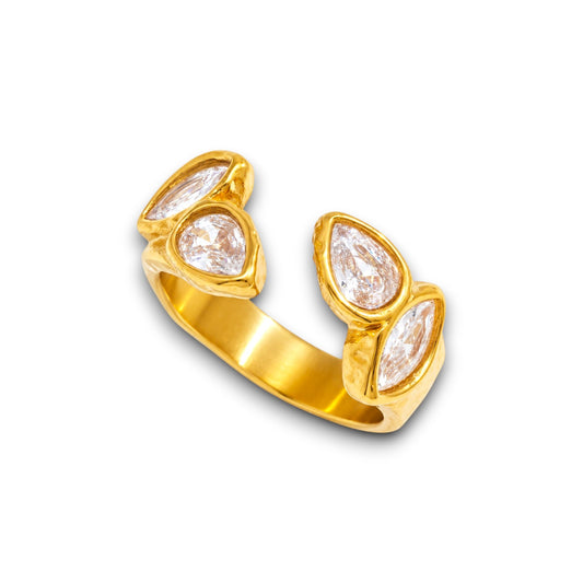 Gold Open Pear Zircon Ring
