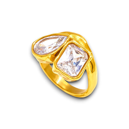 Gold Pear & Cushion Zircon Ring