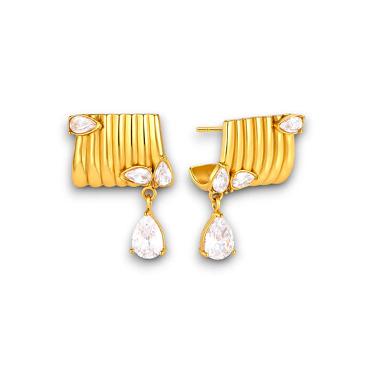 Gold Ribbed Zircon Teardrop Earrings