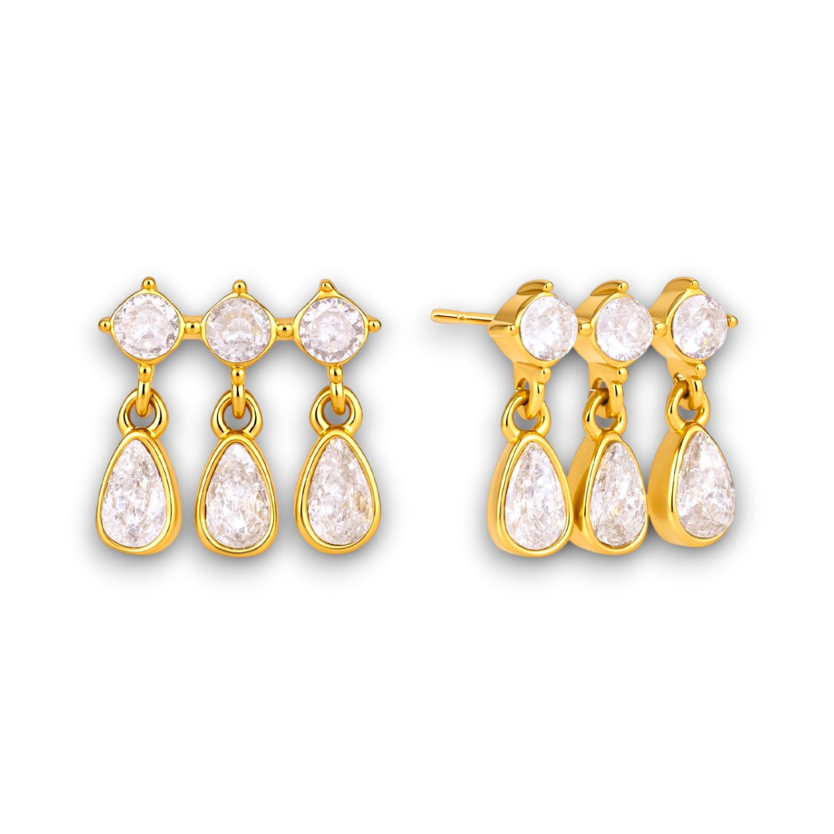 Gold Triple Teardrop Zircon Drop Earrings
