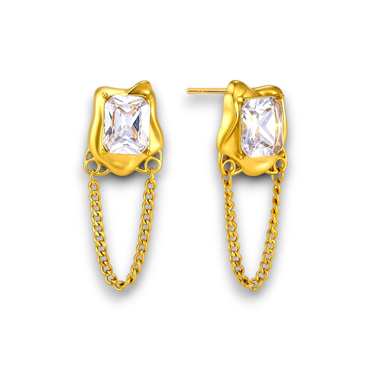 Gold Emerald-Cut Zircon Chain Earrings